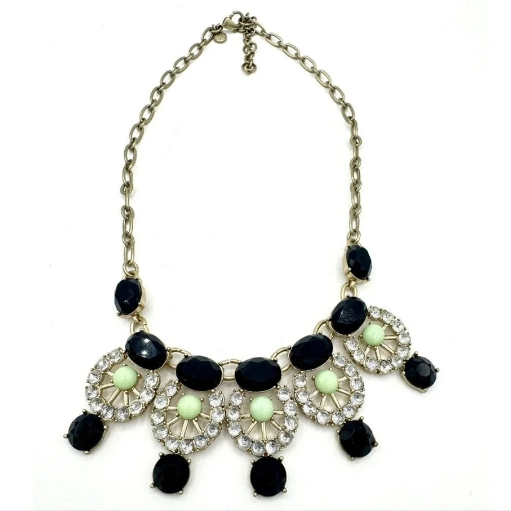 J CREW Crystal Navy Blue Green Stone Antique Gold Rhinestone Statement Necklace